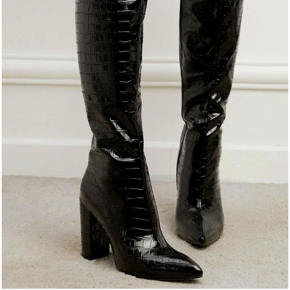 Faux Leather Croc Knee High Heeled Boots
